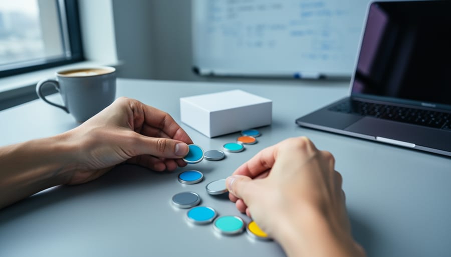 Hands of a marketing professional arranging small colored tokens into a path leading to a plain product box on a desk, with a softly blurred laptop and whiteboard in the background.