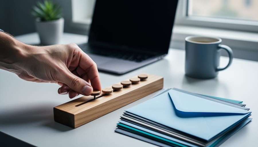 Overhead angled view of a person adjusting wooden sliders beside color-coded stacks of envelopes on a tidy desk, lit by soft daylight, with a blurred closed laptop, plant, and coffee mug in the background.