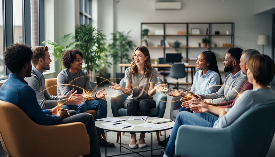 Community manager facilitating a discussion with a diverse group in a modern workspace, subtle golden light trails connecting participants, soft natural daylight, no visible text.