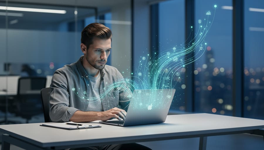 Analyst using a laptop with a glowing network of nodes and data streams hovering above the screen, representing AI extracting actionable SEO insights, with a softly blurred modern office and city lights in the background.
