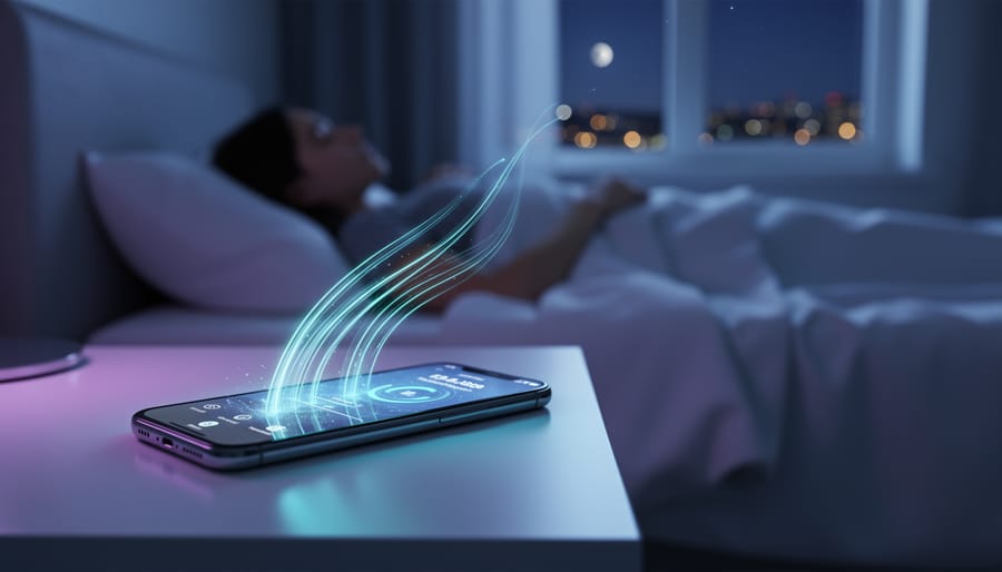 Smartphone glowing on a bedside table at night with flowing light trails suggesting automated social media posting, a blurred sleeping person in the background, and city lights visible through a window; cool blue and purple tones with soft moonlight.