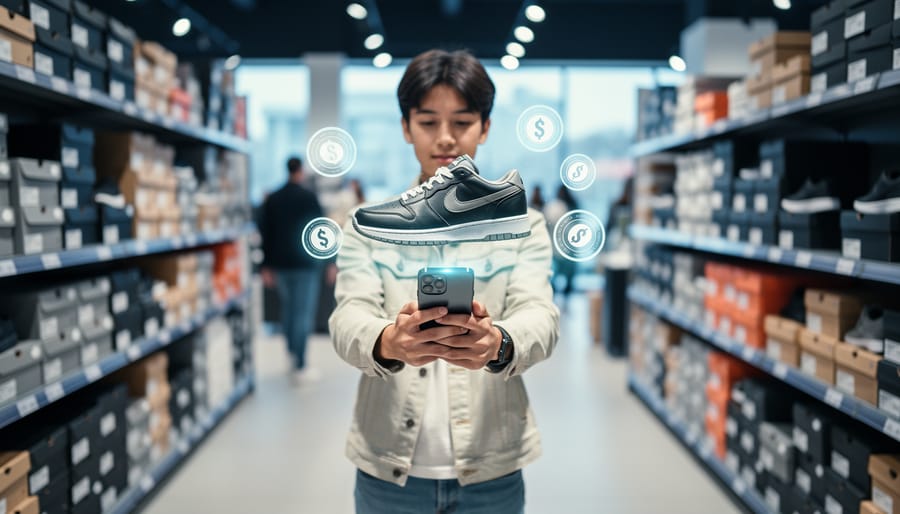 Young shopper in a retail aisle holding a smartphone that displays an AR 3D sneaker hovering above products, with small glowing coin and badge icons and no visible text; shelves and other shoppers softly blurred under even store lighting.