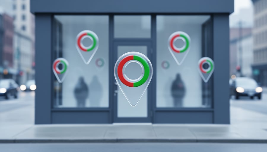 Small urban storefront with multiple floating map pins, one clear pin in focus and others faded and misaligned, blurred city street background, no visible text or logos.