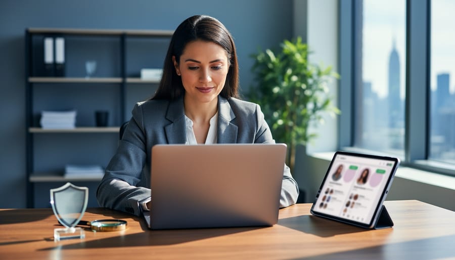 Marketing professional analyzing influencer profiles on a laptop and tablet with text-free blurred interfaces; magnifying glass and shield paperweight on desk suggest verification and safety; soft daylight in a modern office with shelves, a plant, and a distant city skyline in the background.
