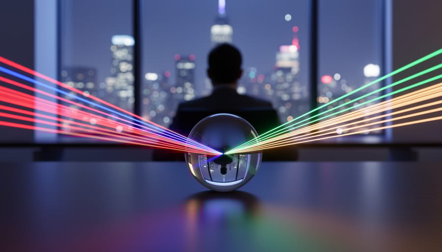 Colored light trails converge into a clear glass sphere on a sleek office desk, with a blurred professional and night city skyline in the background, photographed at eye level with shallow depth of field.
