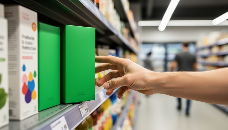 Eye-level close-up of a shopper’s hand selecting a green-packaged product from a grocery shelf next to a similar conventional item, with the aisle and other shoppers softly blurred in the background.