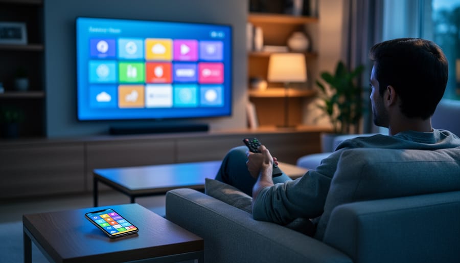 Person on a couch seen from behind watching a TV filled with colorful, text-free content tiles, while a smartphone on the coffee table shows similar product thumbnails; blue screen glow contrasts with a warm lamp in a modern living room.