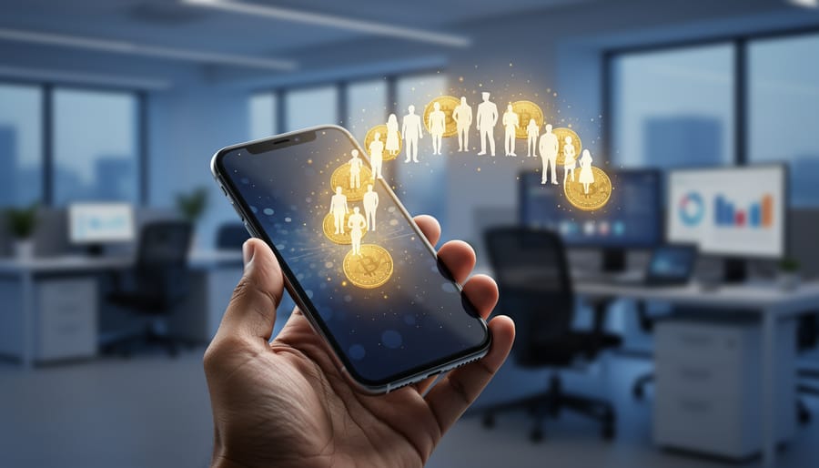 Hand holding a smartphone with holographic golden coins and user silhouettes floating upward, shot from a 45-degree angle with soft studio lighting and a blurred modern office background, no visible text.