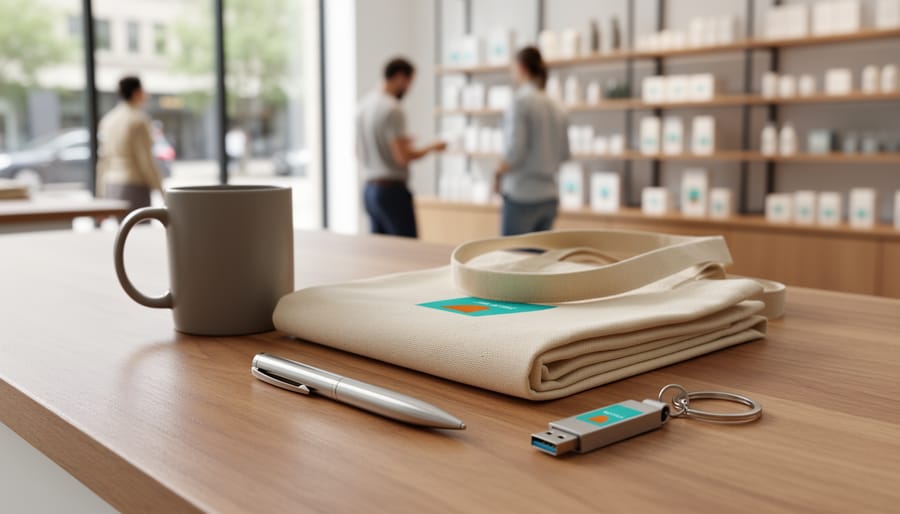 Assorted promotional items—ceramic mug, cotton tote bag, metal pen, keychain, and USB drive—arranged on a wooden retail checkout counter, with a softly blurred boutique store interior and browsing customers behind, lit by natural window light.