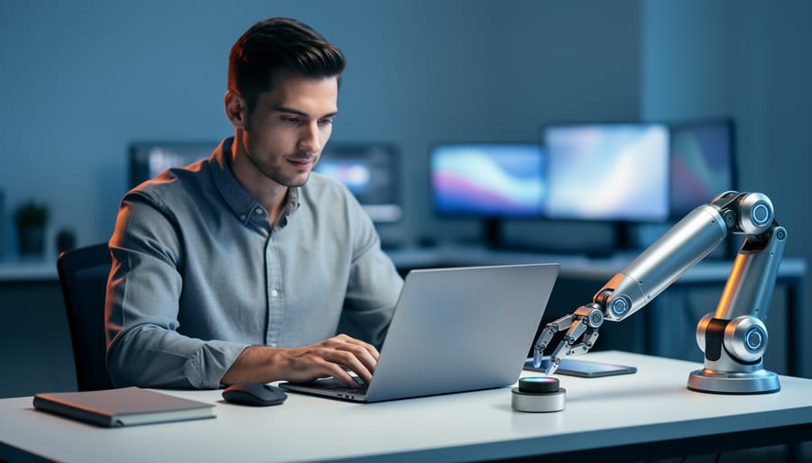 Digital marketer using a laptop while a sleek robotic arm adjusts a control dial on the desk, with softly lit, blurred office monitors in the background.