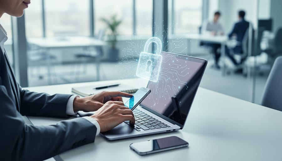 Marketing manager at a desk with laptop and smartphone as a holographic padlock and circuit pattern hover above, soft natural light and shallow depth of field, blurred modern office in background, representing AI marketing compliance and data protection.