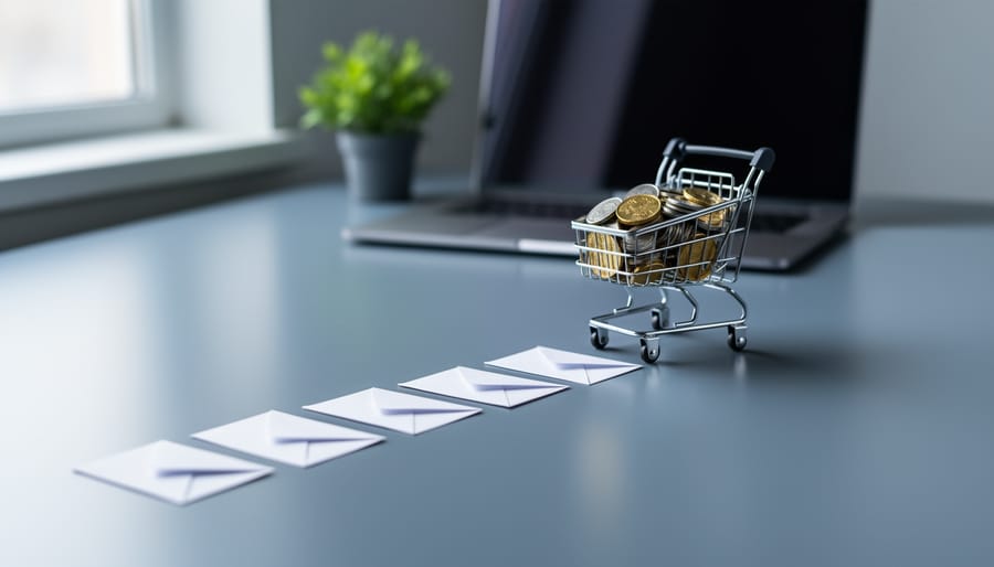 Row of white paper envelope icons on a sleek desk forming a path to a small metal shopping cart filled with coins, photographed from a slight overhead angle with soft daylight and a blurred laptop and plant in the background.