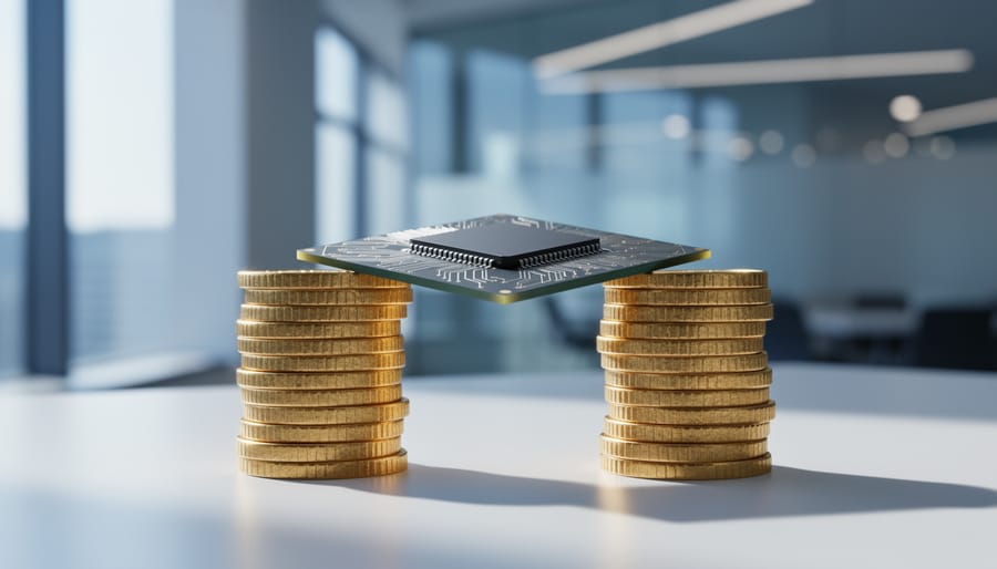 Close-up of a logo-free computer chip positioned between two stacks of gold coins on a white desk in a modern office, lit by soft daylight with a blurred background, representing AI-driven conversion tracking that reduces costs.