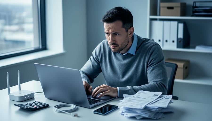 Concerned small business owner at a cluttered desk with laptop, calculator, smartphone, Wi‑Fi router with blinking lights, and an unplugged ethernet cable, looking over a stack of bills; softly blurred shelves and window in the background.