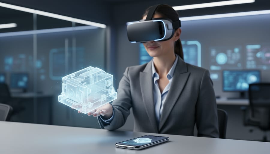 Business professional in a modern showroom using a VR headset to interact with a floating 3D product model, with a smartphone on the table displaying an AR view; soft cool lighting and blurred background.