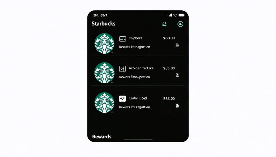 Starbucks mobile app interface displaying rewards points, payment options, and store locator