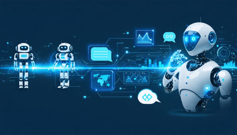 Conceptual illustration depicting the transition from simple chatbots to advanced AI-powered customer engagement systems with a visual timeline of technological progression.