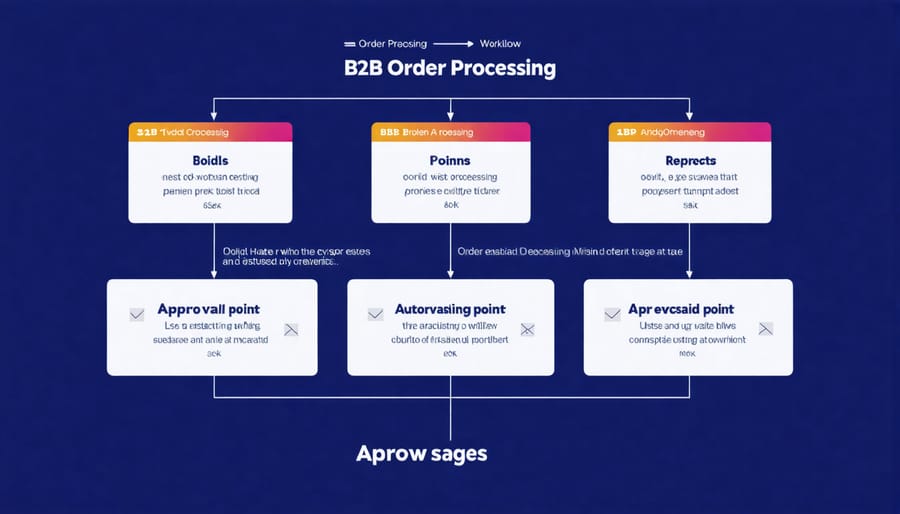 Automated B2B order processing workflow diagram with approval stages