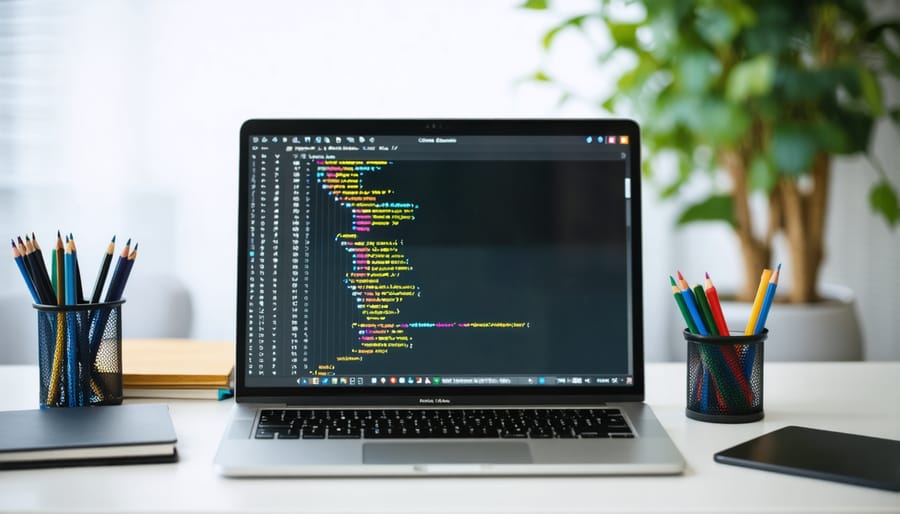 Professional web development workspace with essential tools and software