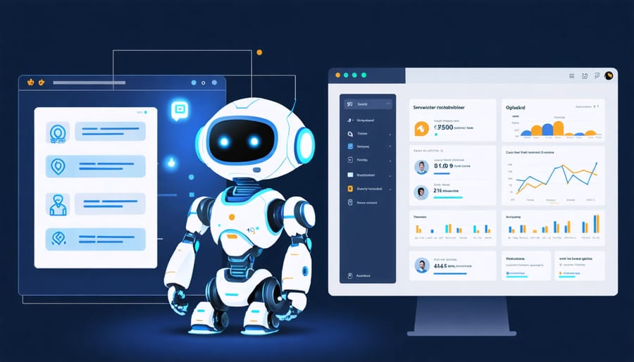 Modern AI chatbot interface with real-time analytics dashboard displaying customer interactions