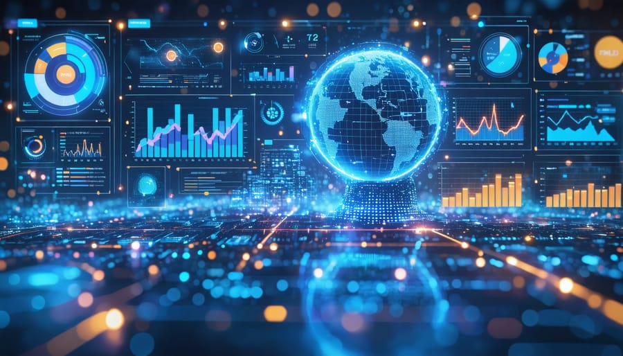 Conceptual image of an AI-driven marketing dashboard displaying real-time analytics with overlay of digital network patterns representing data connectivity and automation.