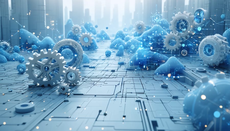 Abstract illustration of AI-powered knowledge management, showcasing interconnected nodes and data streams symbolizing automated competitor analysis.