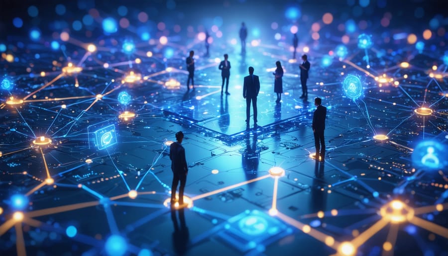 Abstract representation of AI-driven customer engagement network with glowing digital nodes and data streams illustrating dynamic communication and technological insights.