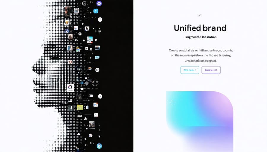 Side-by-side comparison of inconsistent and consistent brand messaging across multiple marketing channels