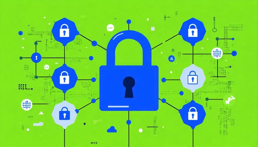 A digital lock symbol surrounded by interconnected nodes with icons representing privacy regulations such as GDPR and CCPA, set against a background of blue and green hues with digital elements.