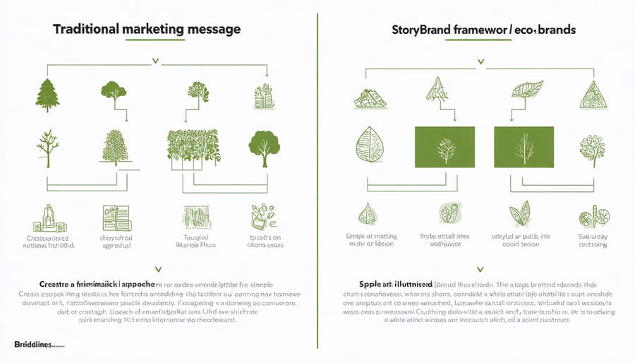 Comparison diagram showing traditional vs StoryBrand messaging approaches for sustainable brands