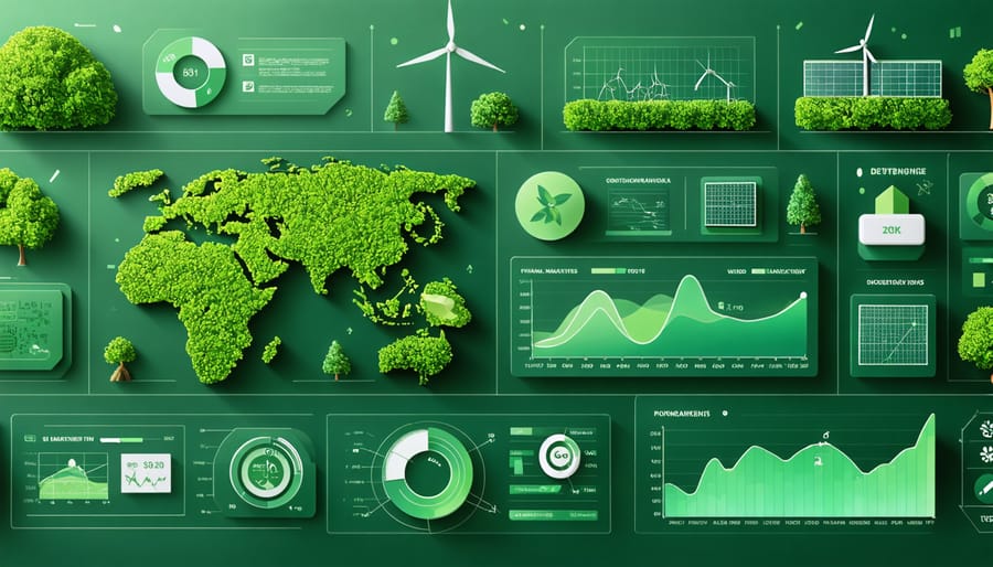 A digital marketing dashboard featuring green and sustainable icons, highlighting the integration of eco-friendly practices within modern marketing strategies.