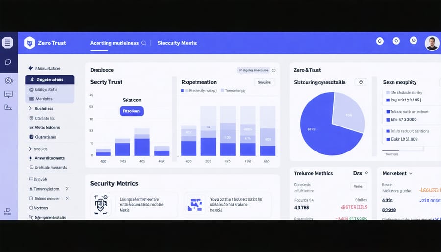 Security dashboard interface displaying key performance indicators and monitoring metrics