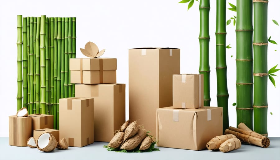 Various eco-friendly packaging materials displayed on a natural wooden surface
