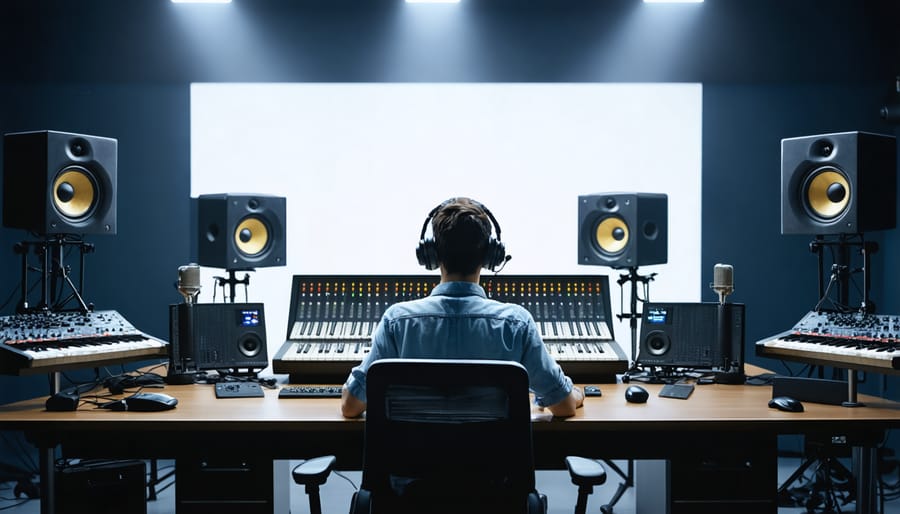 Group of voice actors recording an immersive audiobook in a professional studio