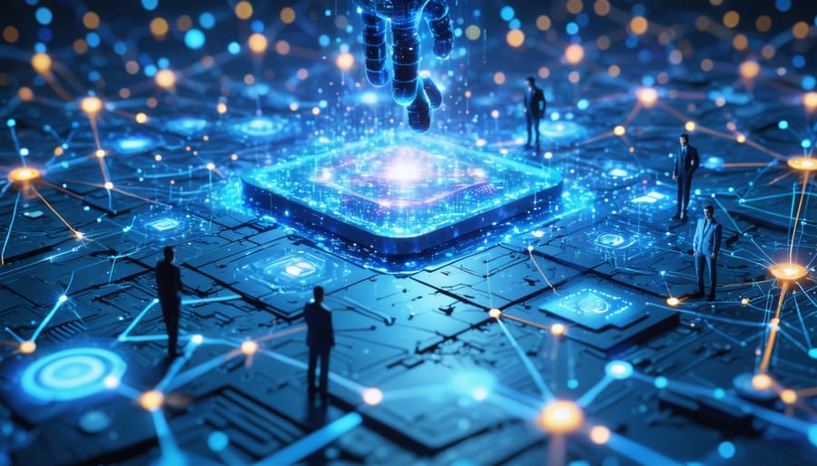 A digital network diagram depicting AI analyzing interconnected data points for personalized B2B content delivery, highlighting the transformation of marketing strategies through AI-driven insights.