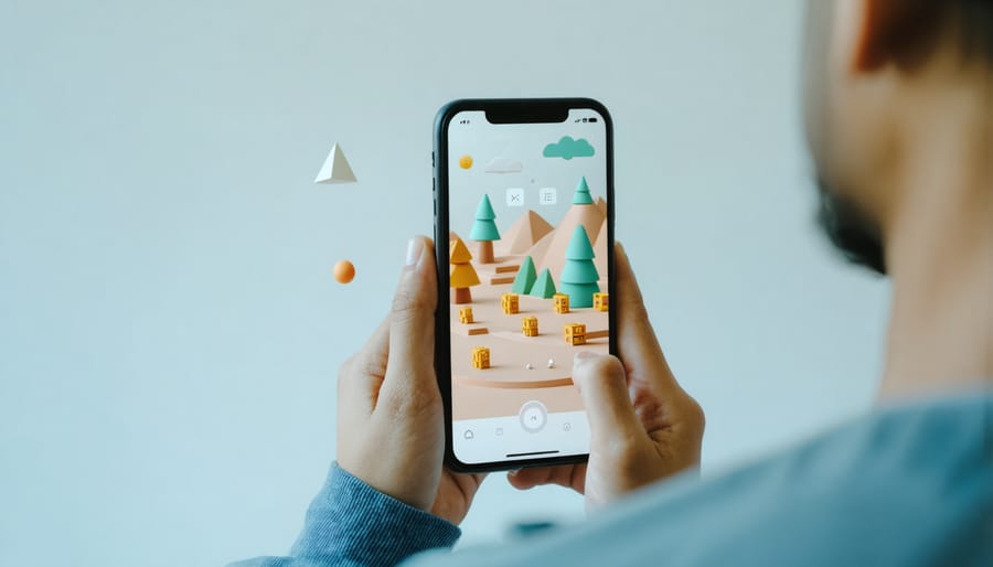 Augmented reality gamification interface showing virtual rewards and game elements through a smartphone screen