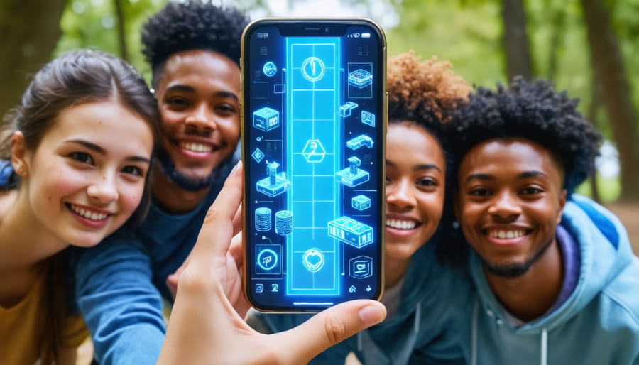 A diverse group of people using a smartphone displaying augmented reality game elements, including points and badges, representing AR gamification in marketing.