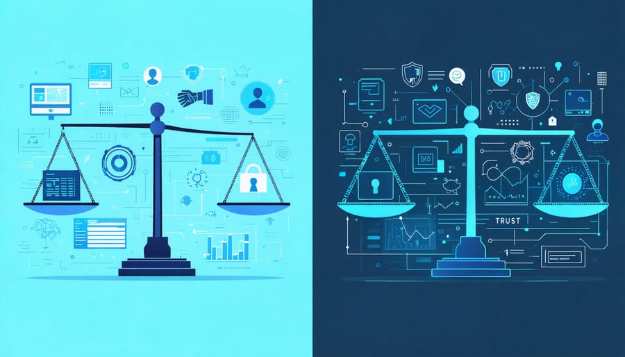 A conceptual digital balance scale with icons representing customer data and trust, symbolizing the balance between data-driven marketing and privacy-first strategies in the digital marketing landscape.