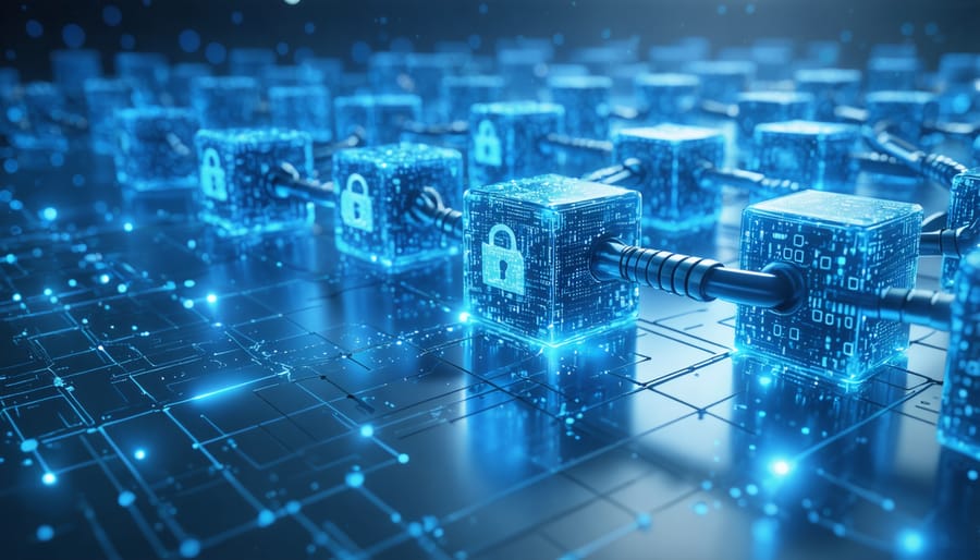 Conceptual digital illustration of a blockchain network with interconnected data blocks symbolizing transparency and traceability in B2B transactions.