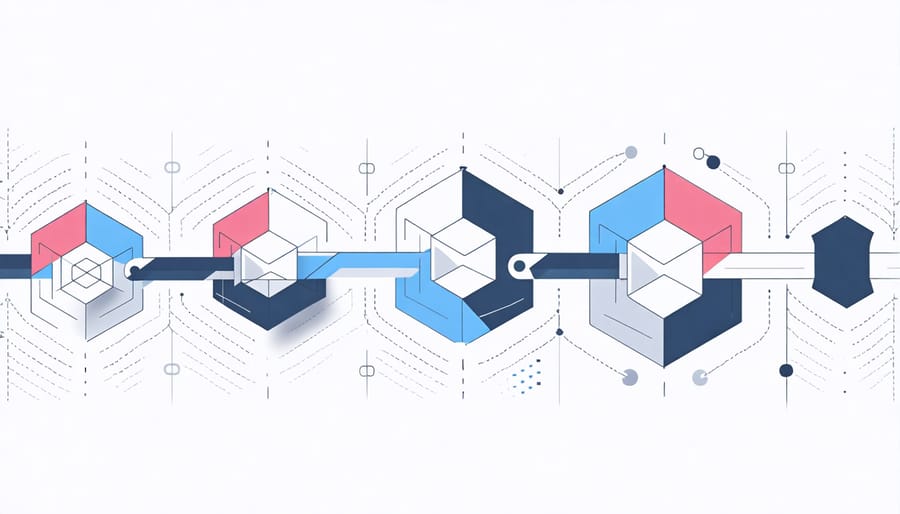 Digital illustration of blockchain technology showing connected data blocks