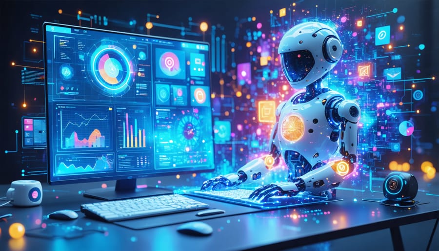 Conceptual illustration showcasing the integration of an AI chatbot with a business analytics dashboard, representing the transformation of B2B customer interactions through conversational AI.