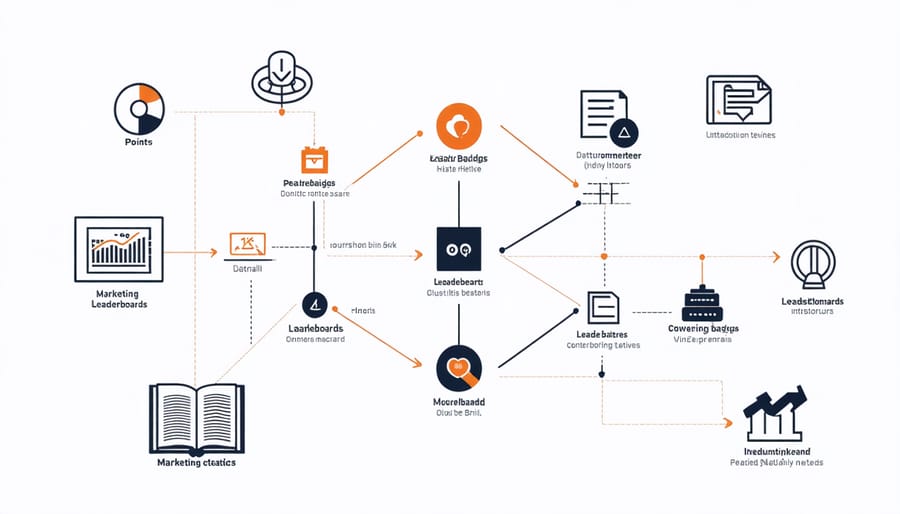 Infographic illustrating how different gamification elements connect to marketing outcomes