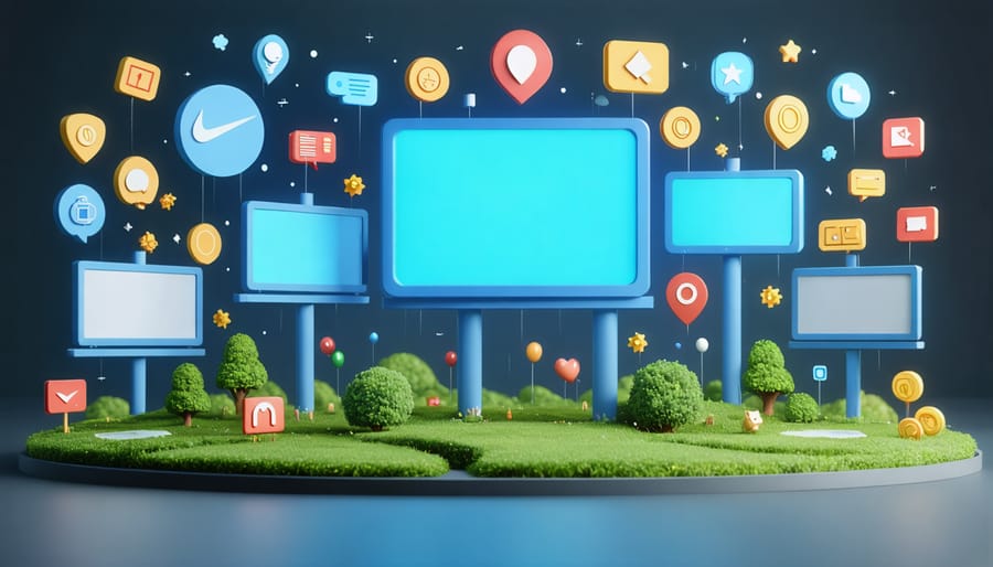 A digital illustration showing the fusion of traditional advertising elements with game mechanics, including points, badges, and leaderboards, representing the transformation of advertising through gamification for enhanced consumer engagement.