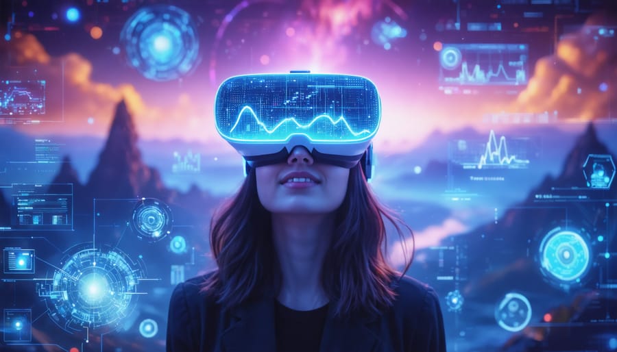 A person in a VR headset surrounded by virtual elements symbolizing storytelling and technology, with holographic visuals showing engagement and neural activity.