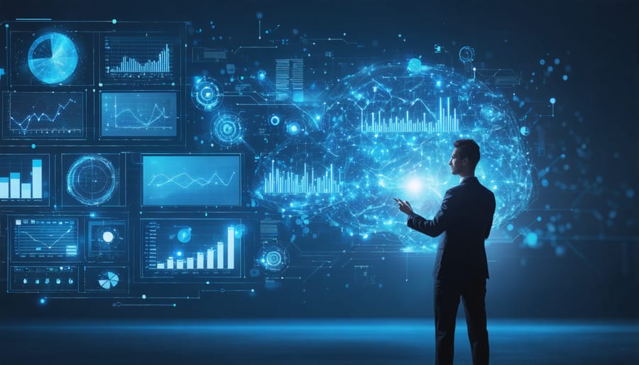 A conceptual visualization of how predictive analytics transforms account-based marketing, featuring data flows and AI elements converging on a target market.