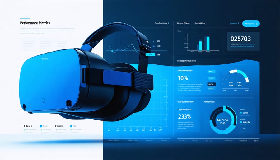 Interactive 3D dashboard displaying VR marketing metrics and KPIs