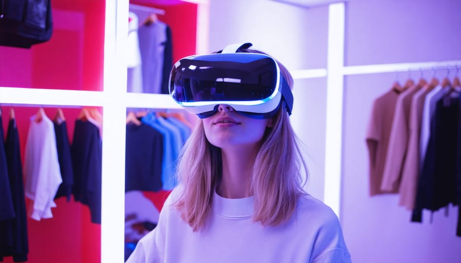 A customer exploring a virtual showroom with a VR headset, surrounded by diverse products from various industries, demonstrating the immersive capabilities of AR and VR in enhancing customer experiences.