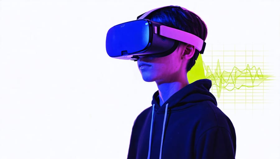 Virtual reality user with colorful eye-tracking heatmap showing areas of visual attention