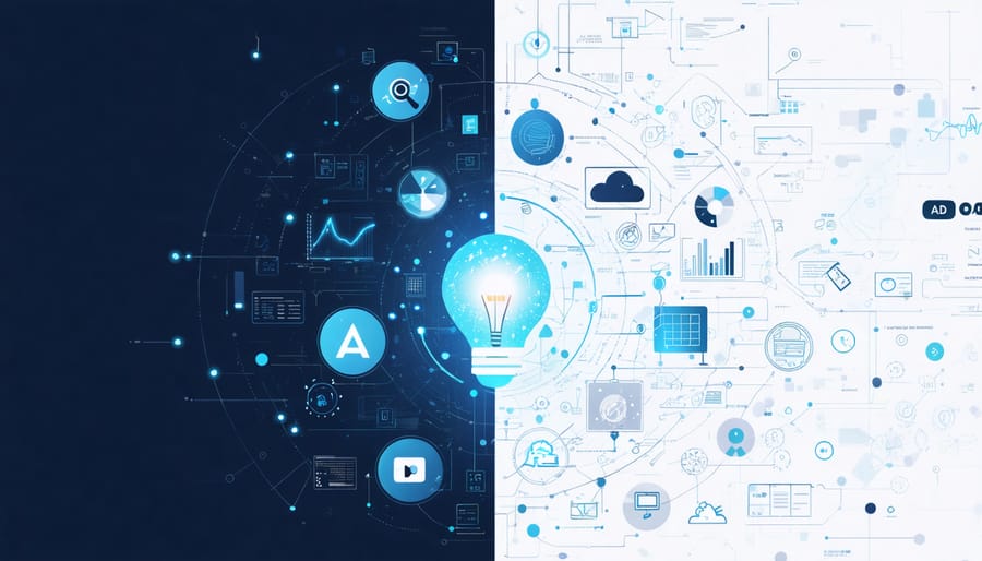 A dynamic split-screen illustration showcasing the transformation from traditional design processes to AI-powered, automated workflows in ad campaigns. Featuring design tool icons and digital marketing elements that signify creativity and technology integration.