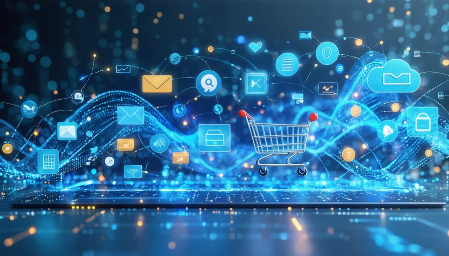 Abstract visualization of sound waves blending into e-commerce elements, illustrating the evolution of voice technology in online shopping.